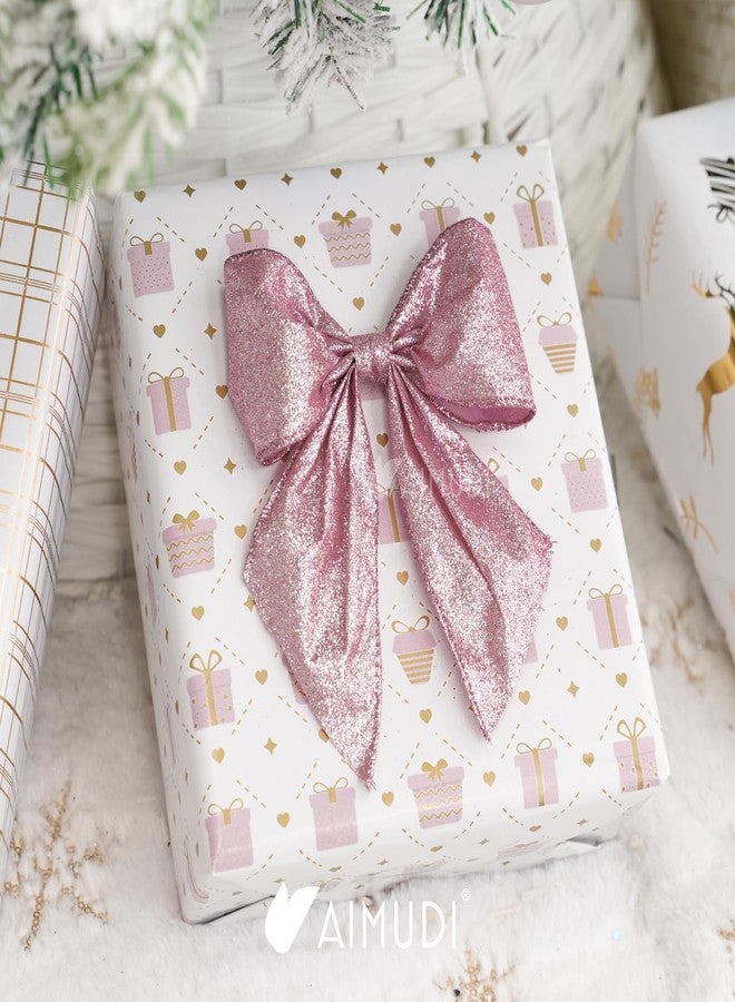 AIMUDI Pink Glitter Wired Ribbon Bows with Twist Tie 5.5" Premade Metallic Christmas Bows for Gift Wrapping, Wreath, Garland, Holiday Crafts Party Home Outdoor Christmas Tree Decorations, 12 PCs - Image 5
